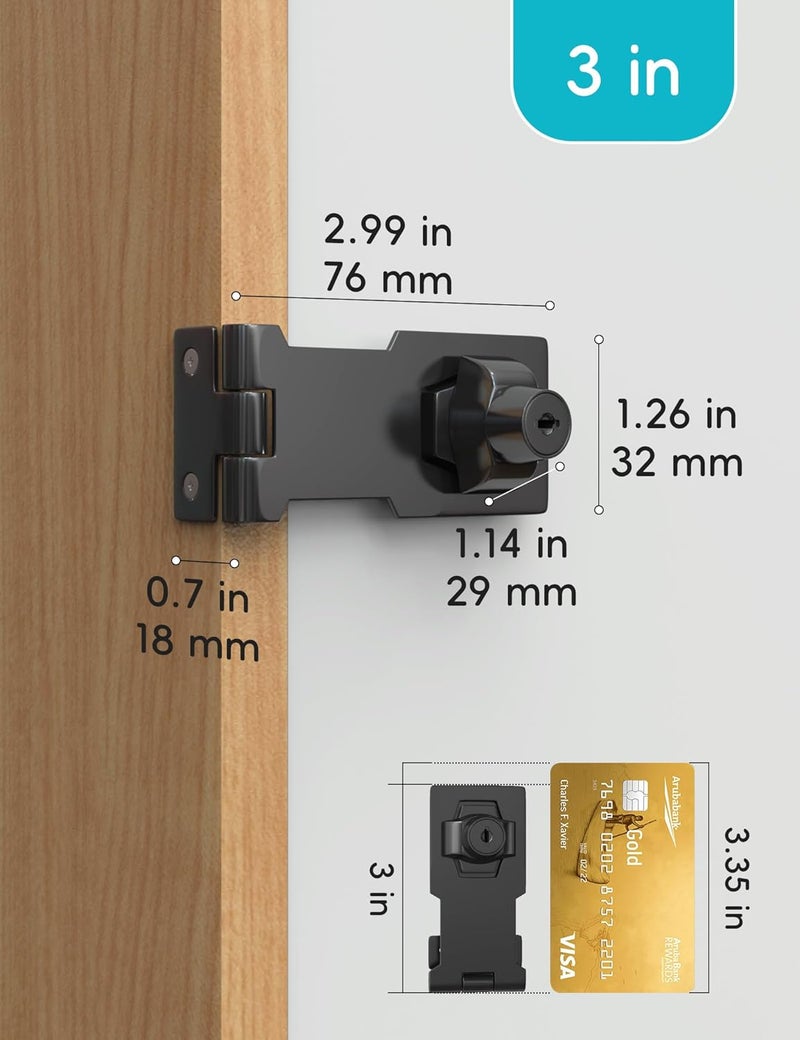 I-EASYDWW 3 Inch Keyed Hasp Lock for Cabinets & Small Doors, Twist Knob Design, Heavy Duty Zinc Alloy with Chrome-Plated Iron, Includes Keys & Screws - Black, 2 Pack - Image 2